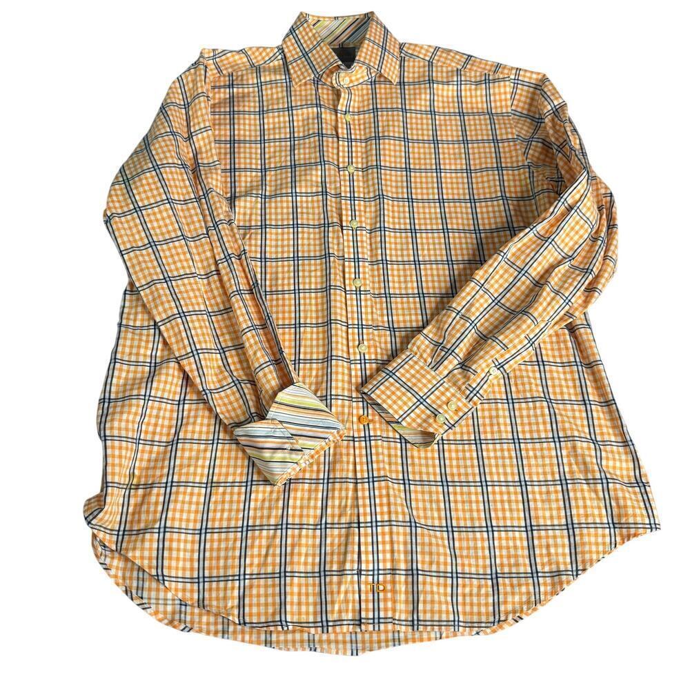 Thomas Dean Men's Sz Large Orange Gray White Plaid Long Sleeve Button Down Shirt